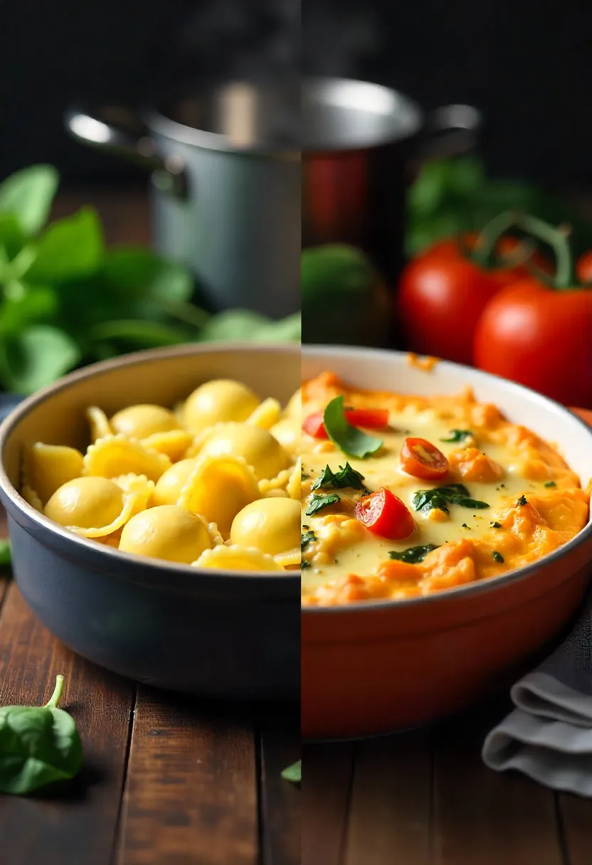 Split image of tortellini boiling in a pot and baked tortellini with veggies and cheese on a kitchen counter.
