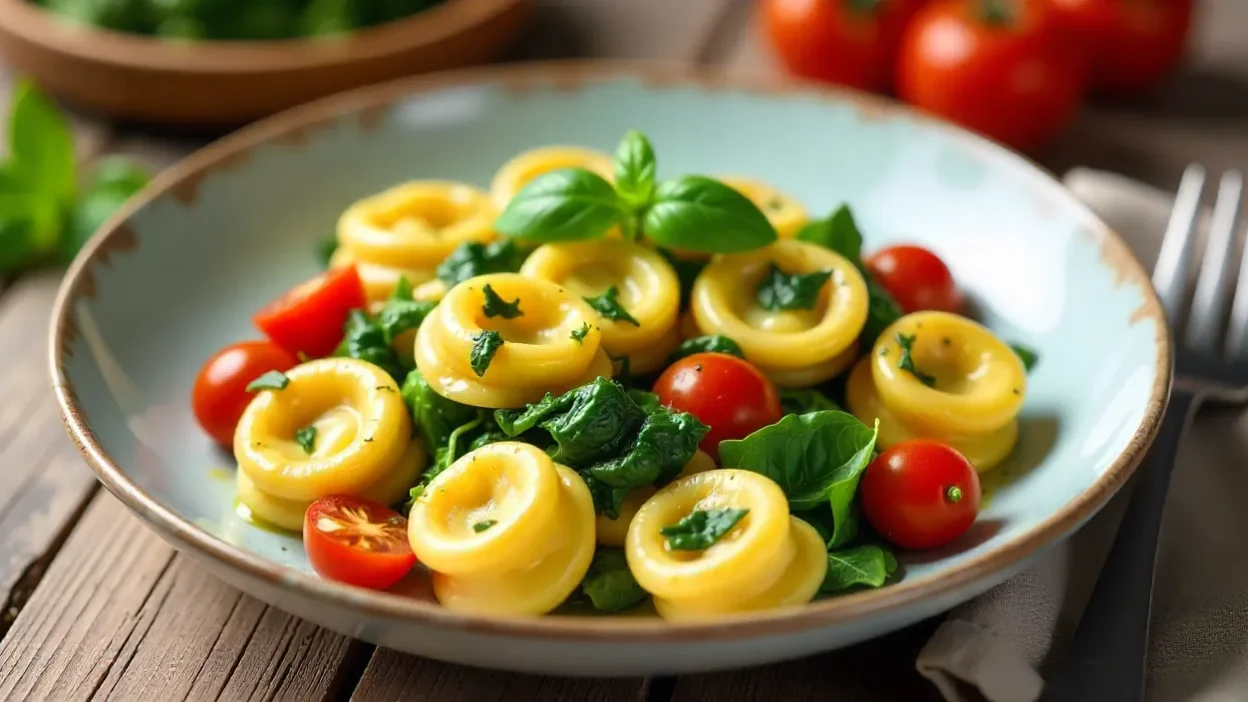 Healthy tortellini served with fresh vegetables and herbs on a rustic plate, garnished with pesto and basil.
