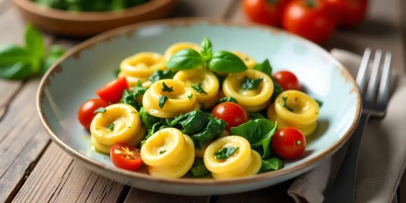 Healthy tortellini served with fresh vegetables and herbs on a rustic plate, garnished with pesto and basil.