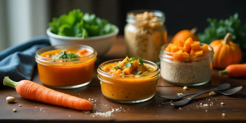 Winter meal prep with lentil soup, roasted squash salad, quinoa stew, and overnight oats in glass containers, surrounded by fresh seasonal vegetables.