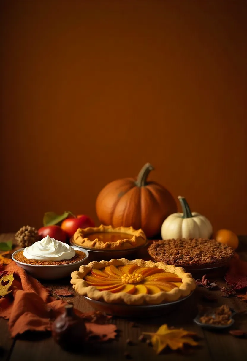 Assortment of fall pies and tarts including pumpkin pie, caramel apple tart, and pecan streusel pie on a rustic wooden table with autumn decor.