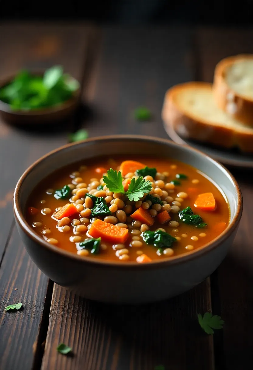 Hearty lentil soup with carrots, onions, and spinach, topped with parsley and served with crusty bread for a comforting winter meal prep recipe.