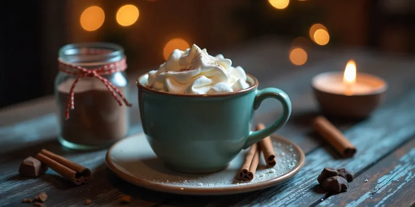 Homemade hot chocolate served in a mug with whipped cream and marshmallows, next to a jar of DIY hot cocoa mix tied with a ribbon.