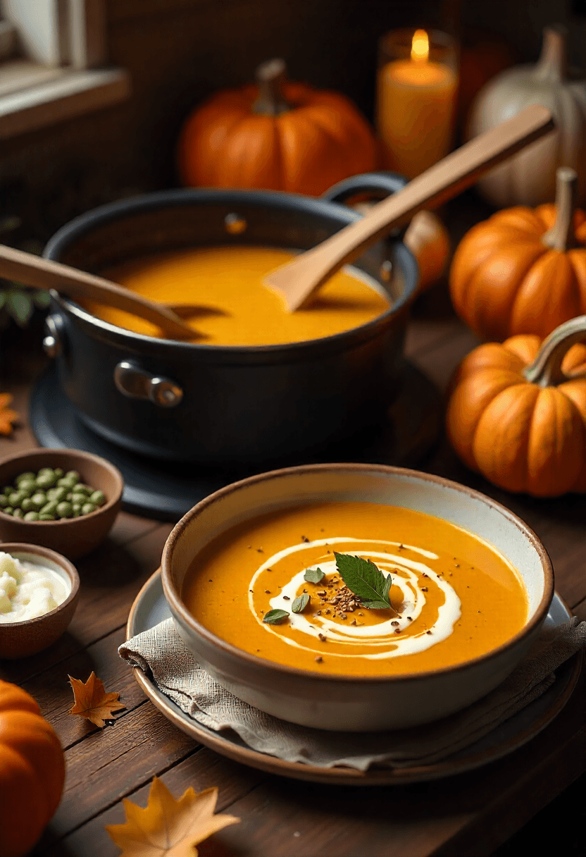 Homemade pumpkin soup in a cozy fall kitchen with fresh pumpkins, spices, and a bowl topped with cream and pumpkin seeds.