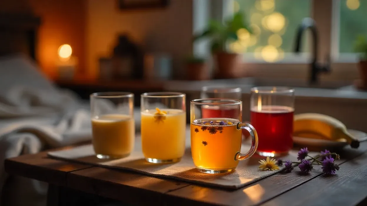 Assortment of homemade bedtime drinks including chamomile tea, golden milk, smoothies, and lavender milk on a cozy kitchen table at night.