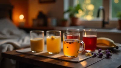 Assortment of homemade bedtime drinks including chamomile tea, golden milk, smoothies, and lavender milk on a cozy kitchen table at night.