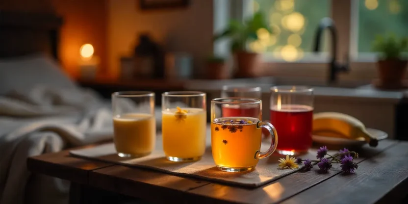 Assortment of homemade bedtime drinks including chamomile tea, golden milk, smoothies, and lavender milk on a cozy kitchen table at night.