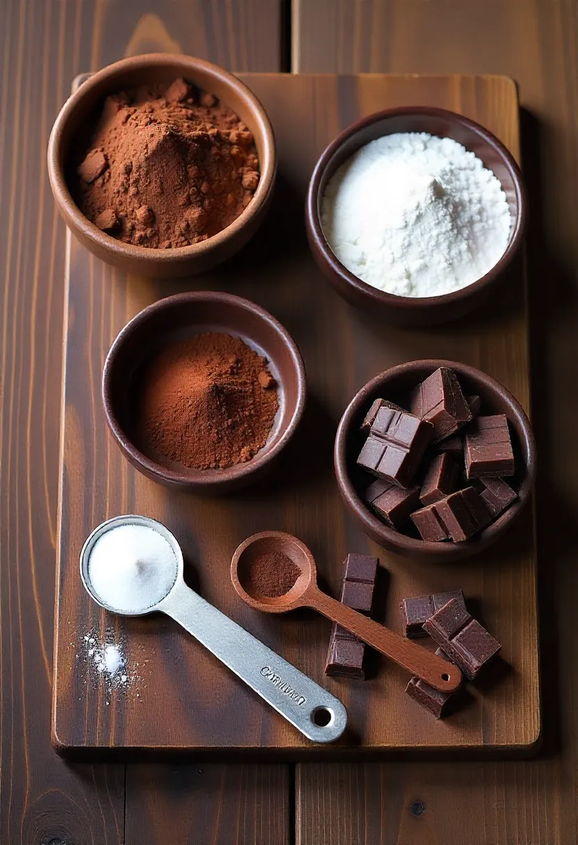 Cocoa powder, powdered sugar, milk powder, and dark chocolate displayed on a table as ingredients for homemade hot chocolate mix.