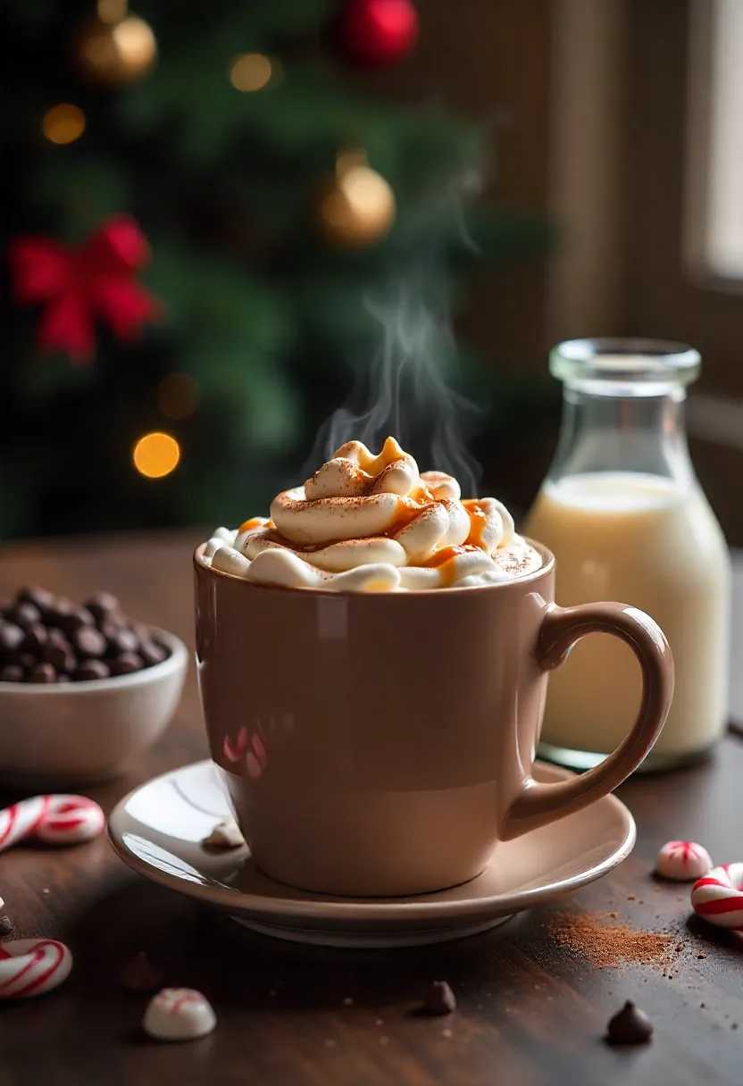 Hot chocolate served in a mug with whipped cream, marshmallows, caramel drizzle, and cinnamon, surrounded by toppings for the perfect cup.