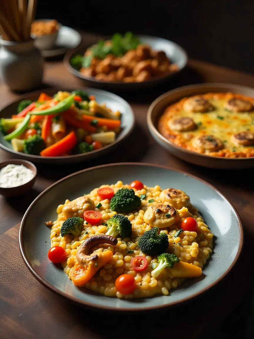 Hot bread-free lunches including vegetable stir-fry, stuffed peppers, and a vegetable frittata on a wooden table.
