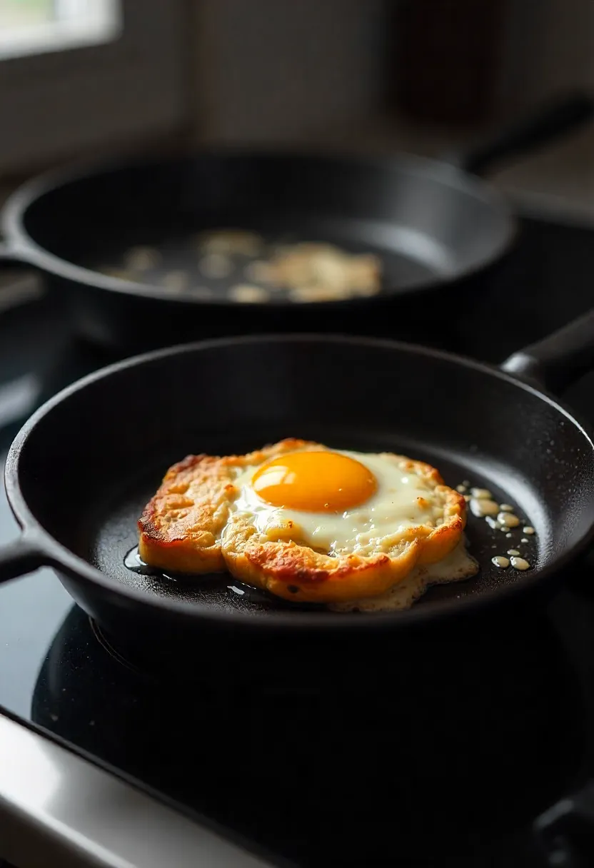 Realistic photo sequence of a cast iron skillet being preheated empty, oil shimmering, then food cooking evenly.