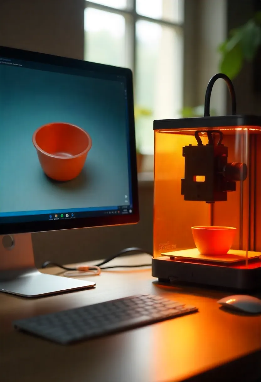 Computer showing slicing software with kitchen STL file loaded and a nearby 3D printer printing a tool, representing how to find and use STL files for kitchen gadgets