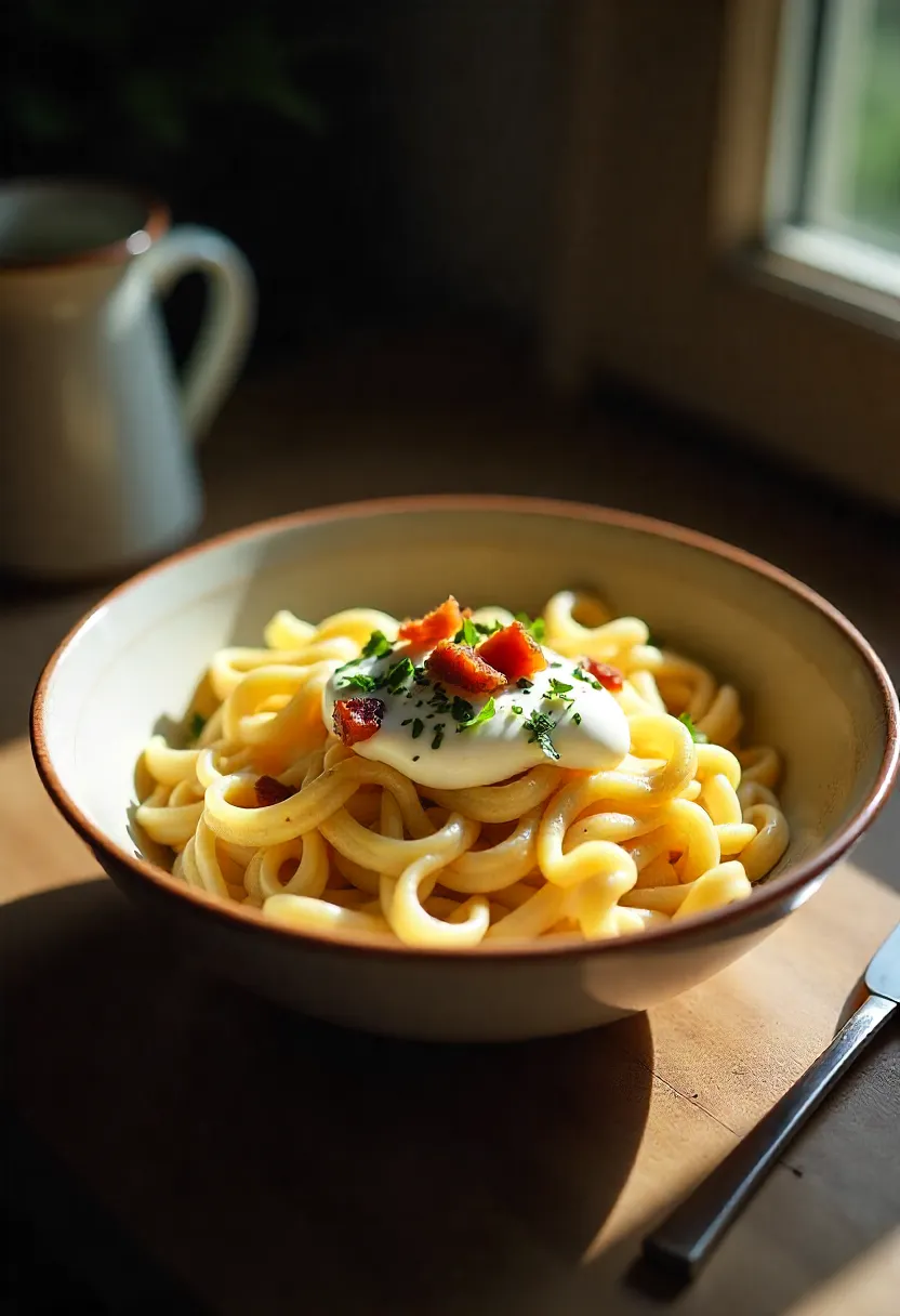 Hungarian cheese noodles Túrós Csusza with curd cheese, sour cream, parsley, and crispy bacon in a rustic ceramic bowl.