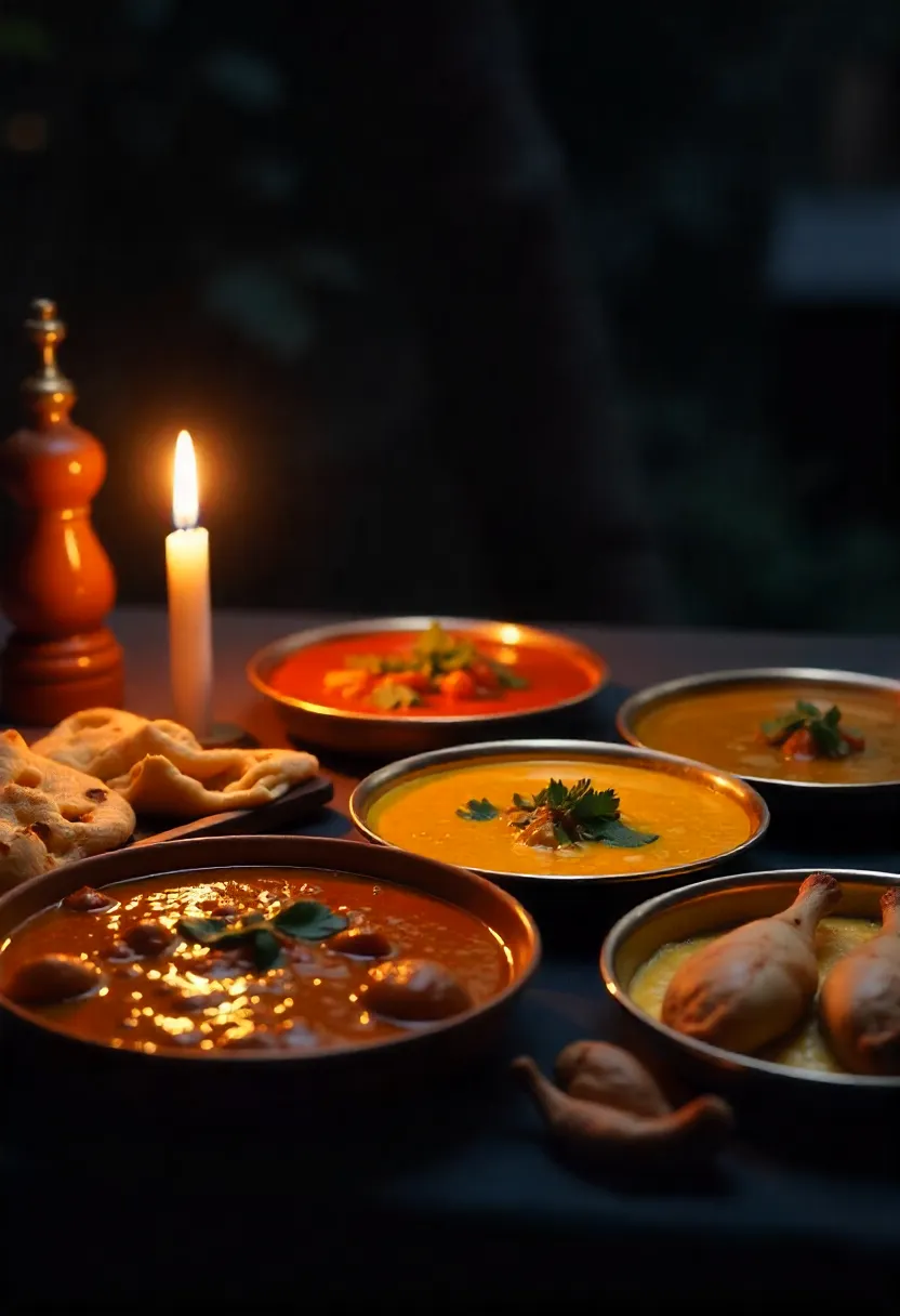 Traditional Indian dishes with turmeric, ginger, garlic, and chili peppers showcasing the health benefits of spices.