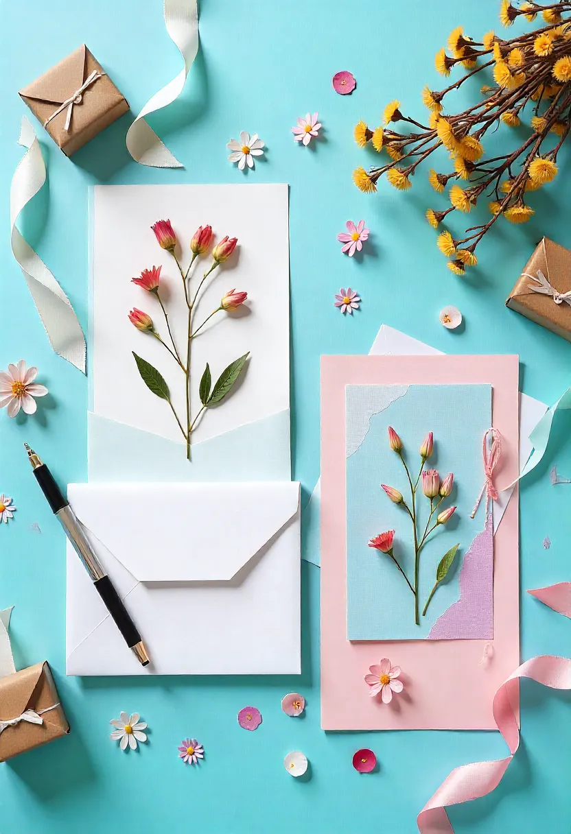 Handmade and digital party invitations styled with envelopes, ribbons, and confetti, showing both DIY and modern approaches.