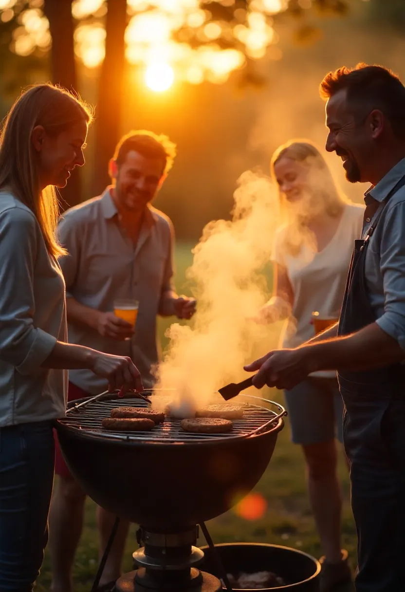 Friends enjoying outdoor cooking at sunset, gathered around a grill with food sizzling and smoke rising in a cozy, joyful backyard setting.