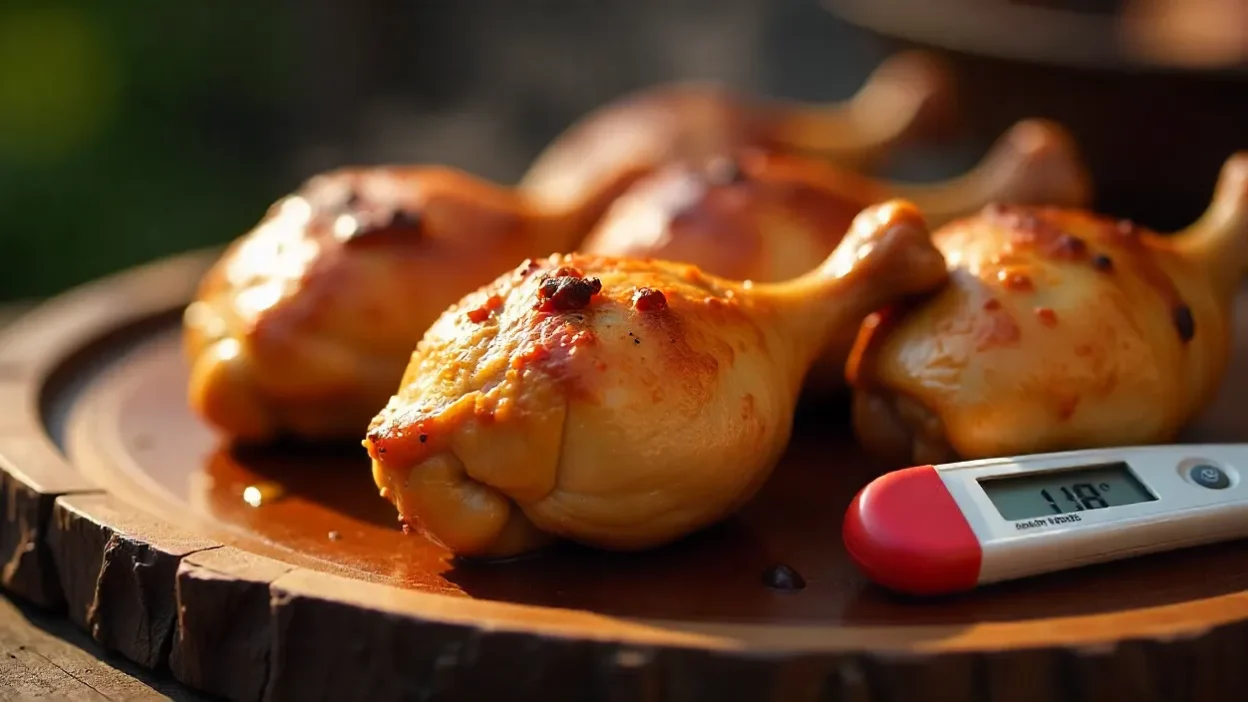 Realistic photo of juicy chicken thighs and drumsticks with golden skin, cooked to 190°F, resting on a platter with a thermometer nearby.