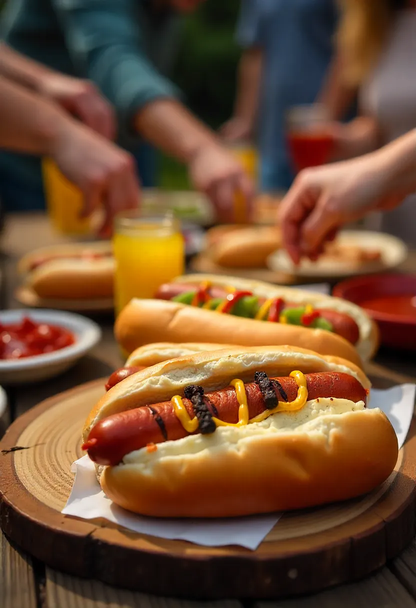 Realistic photo of juicy grilled hot dogs in buns with toppings on a backyard table at a summer cookout.