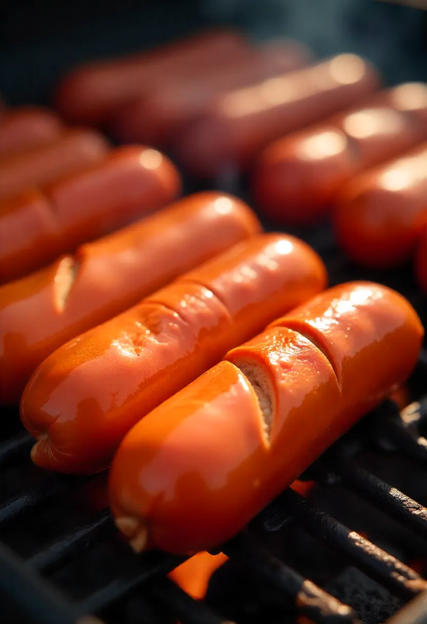 Realistic photo of skinless hot dogs with shallow slashes grilling plump and juicy, compared to wrinkled unslashed franks.