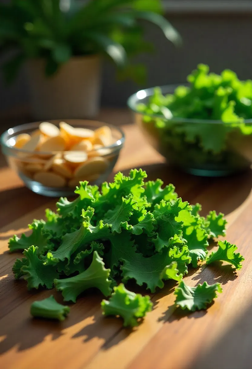 Fresh kale leaves, chopped kale, and a bowl of kale salad with kale chips on a rustic table.