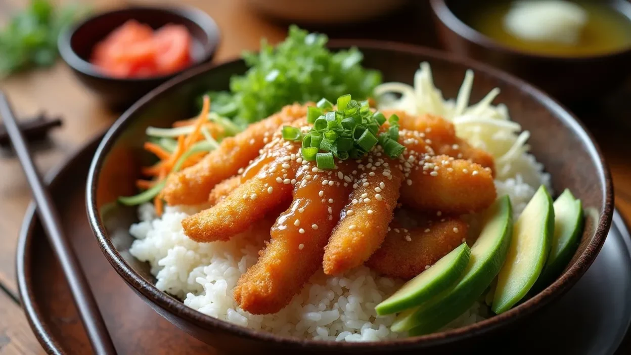 Colorful Japanese chicken katsu bowl with rice, fresh veggies, and tonkatsu sauce, styled on a wooden table with chopsticks.