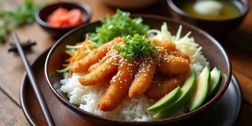 Colorful Japanese chicken katsu bowl with rice, fresh veggies, and tonkatsu sauce, styled on a wooden table with chopsticks.