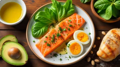 Flat-lay of keto-friendly foods including avocado, eggs, salmon, nuts, cheese, leafy greens, and olive oil on a rustic wooden table.