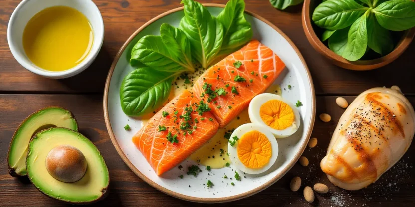 Flat-lay of keto-friendly foods including avocado, eggs, salmon, nuts, cheese, leafy greens, and olive oil on a rustic wooden table.
