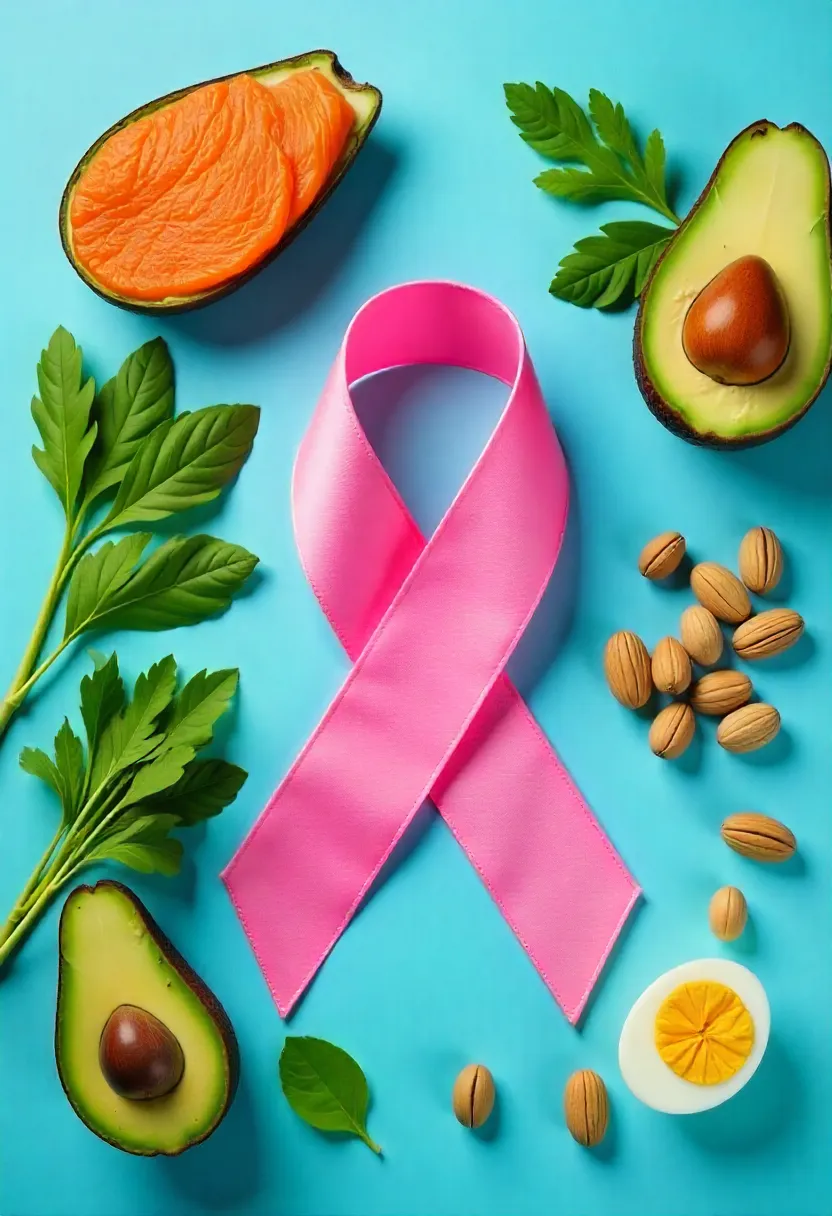 Cancer awareness ribbon next to keto foods like salmon, avocado, eggs, and leafy greens, representing keto diet’s potential role in reducing cancer risk.