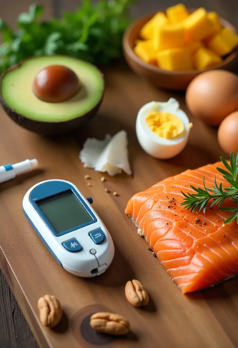 Glucose meter and insulin pen placed beside keto foods like avocado, salmon, eggs, and nuts, symbolizing keto diet for diabetes management.