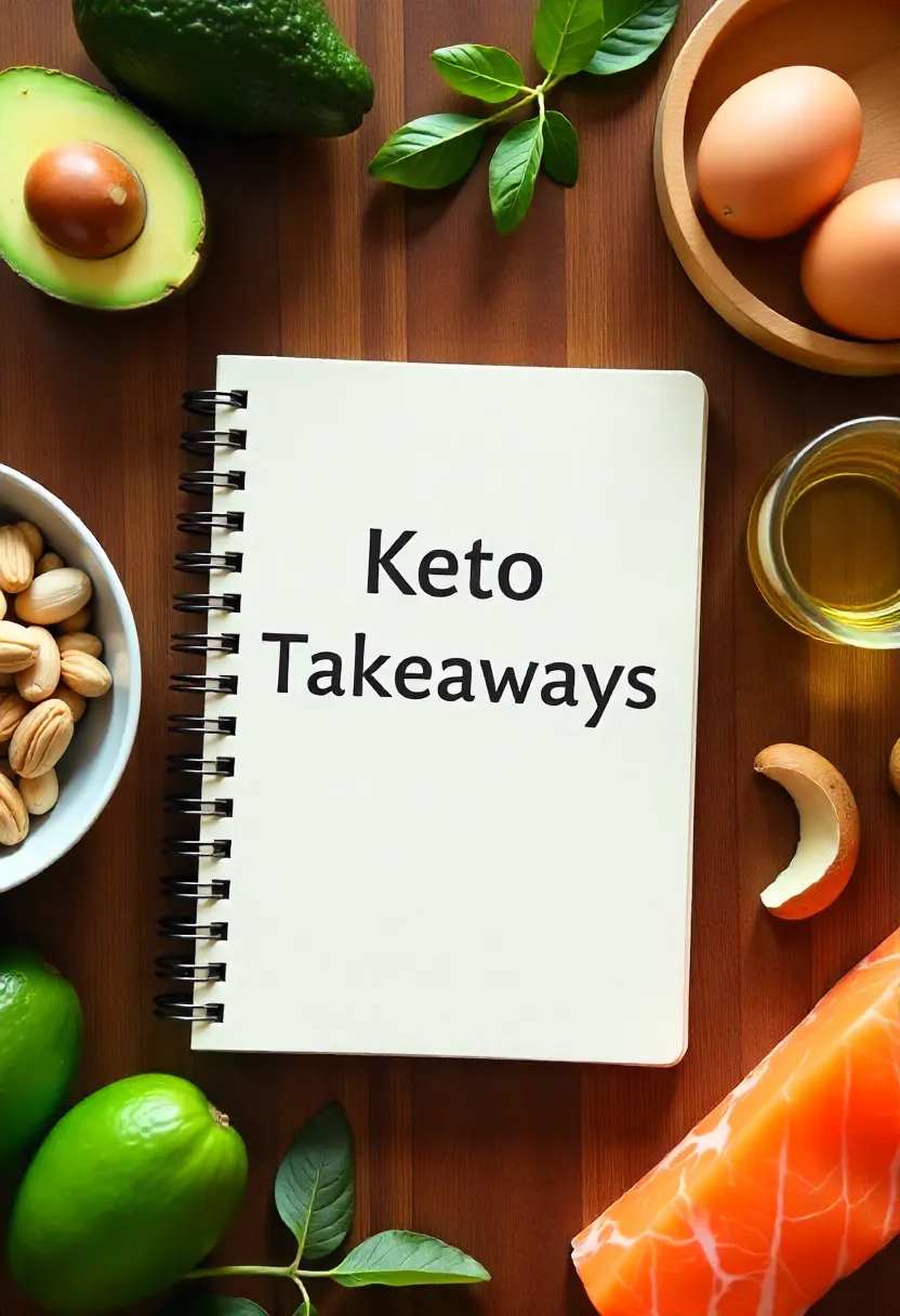 Notebook titled 'Keto Takeaways' surrounded by keto foods including avocado, salmon, eggs, nuts, and olive oil, symbolizing key points of the keto diet.