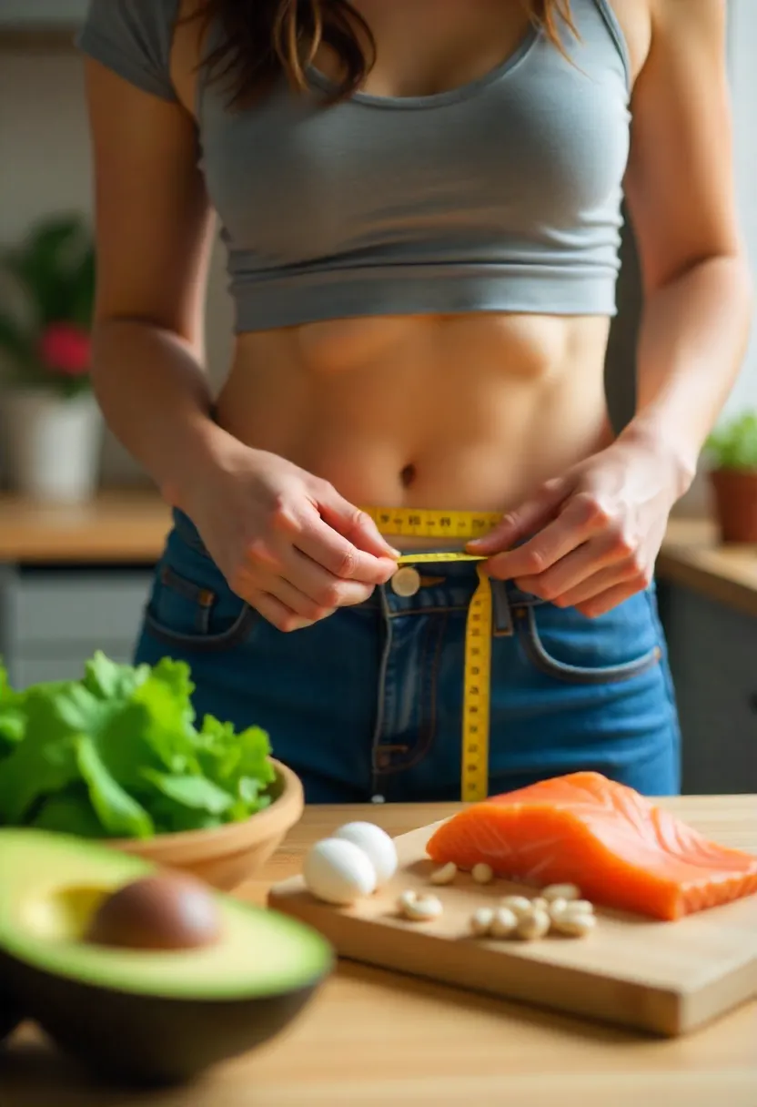 Person measuring waist with tape measure beside keto foods like avocado, salmon, eggs, and leafy greens, symbolizing weight loss on keto diet.