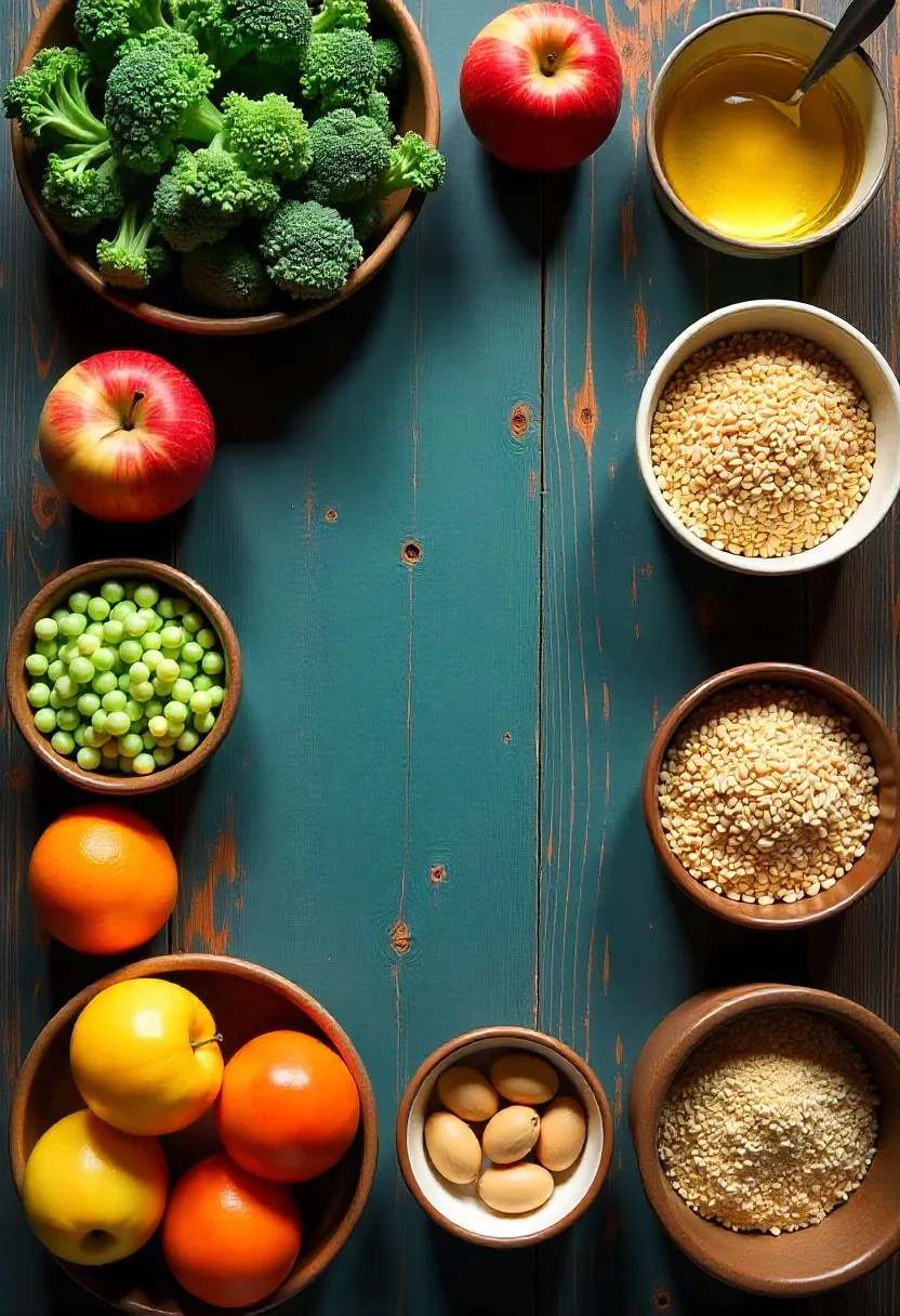Fresh vegetables, fruits, and whole grains arranged on a wooden table as key ingredients for healthy meal prep.