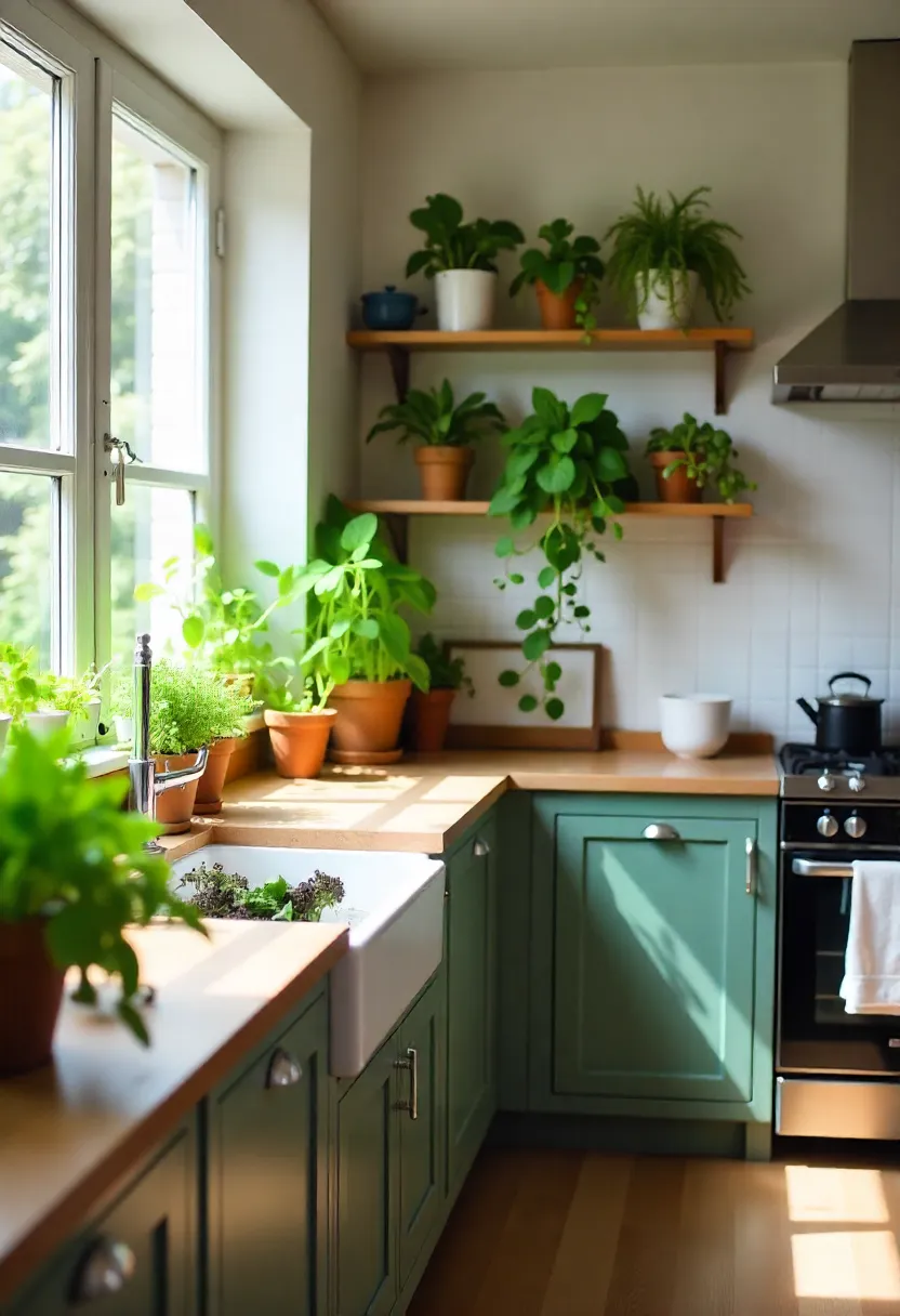 Modern kitchen filled with vertical gardens, herb planters, and hanging plants, creating a lush small-space green haven.
