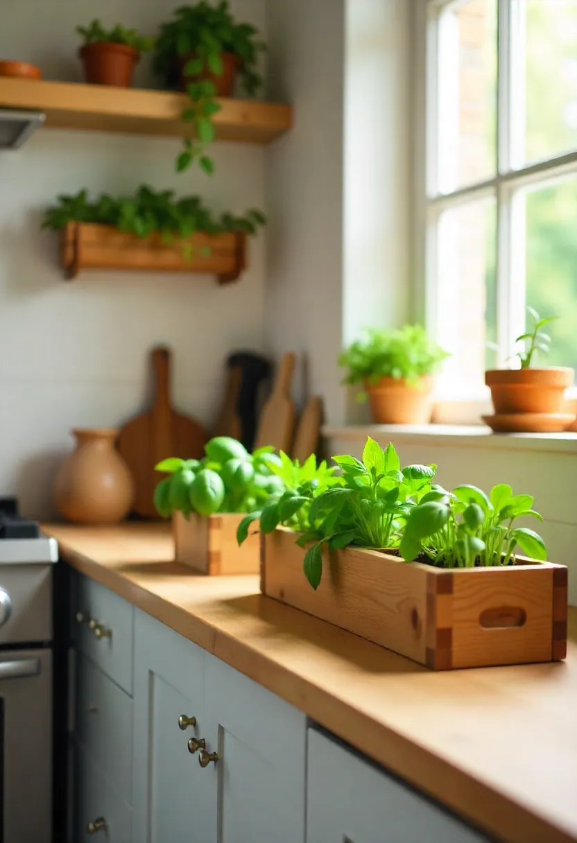 Kitchen with herb planter boxes and wall-mounted planters growing basil, mint, and greens for small-space cooking convenience.