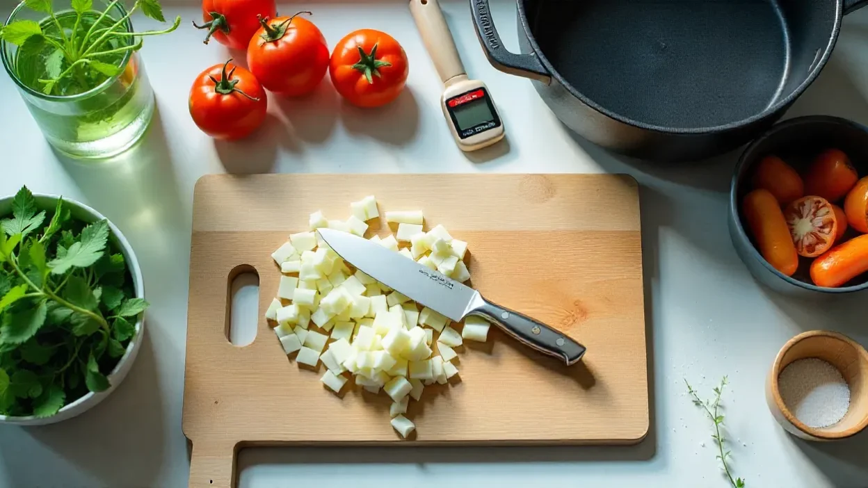 Realistic overhead photo of an organized kitchen prep station with sharp knife, chopped vegetables, herbs in water, prep bowls, and essential cooking tools.