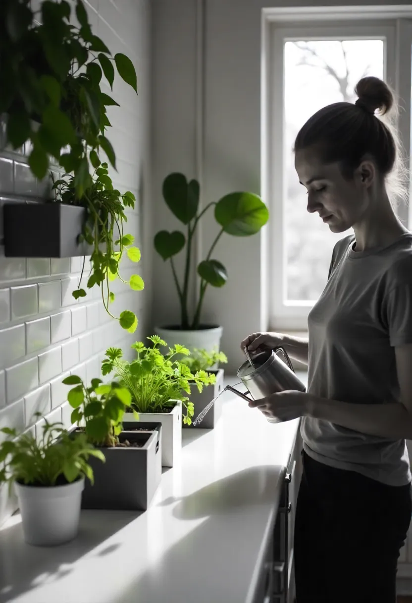 Modern kitchen with herb planter boxes and vertical garden, person watering plants as part of small-space garden maintenance.