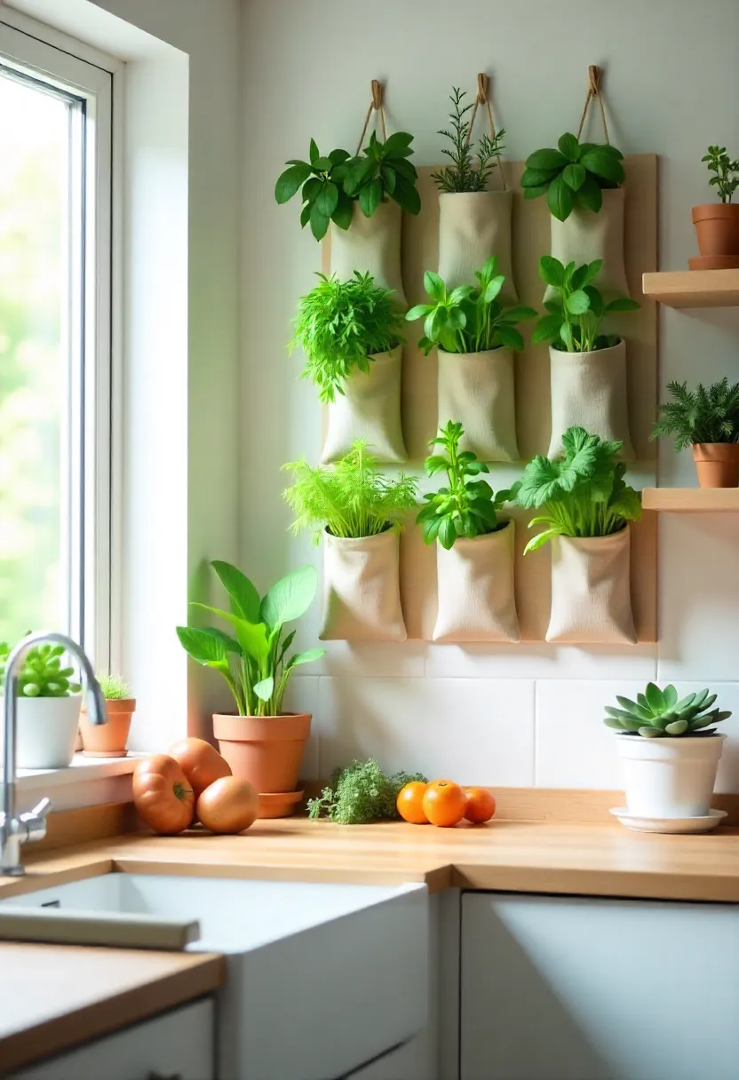 Kitchen with vertical herb garden wall and hanging planters filled with fresh herbs and greens for small-space gardening.