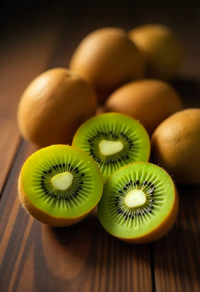 Whole and sliced kiwis on a rustic wooden table showing bright green flesh and black seeds.