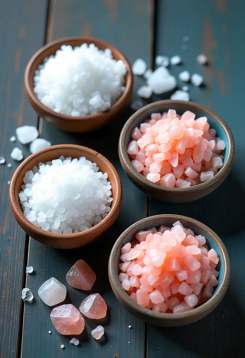 Different types of salt—kosher, sea, Himalayan, and table—displayed in small bowls to show texture differences.