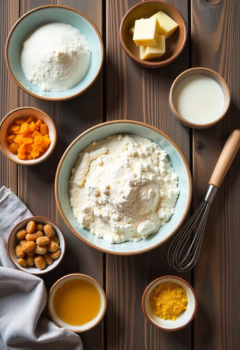 Essential ingredients for traditional Russian Easter kulich bread, including flour, eggs, butter, sugar, milk, raisins, and candied fruit.