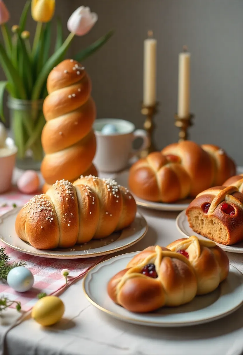 Traditional Easter breads from around the world, including Russian kulich, Bulgarian kozunak, Italian panettone, and English hot cross buns on a festive table.