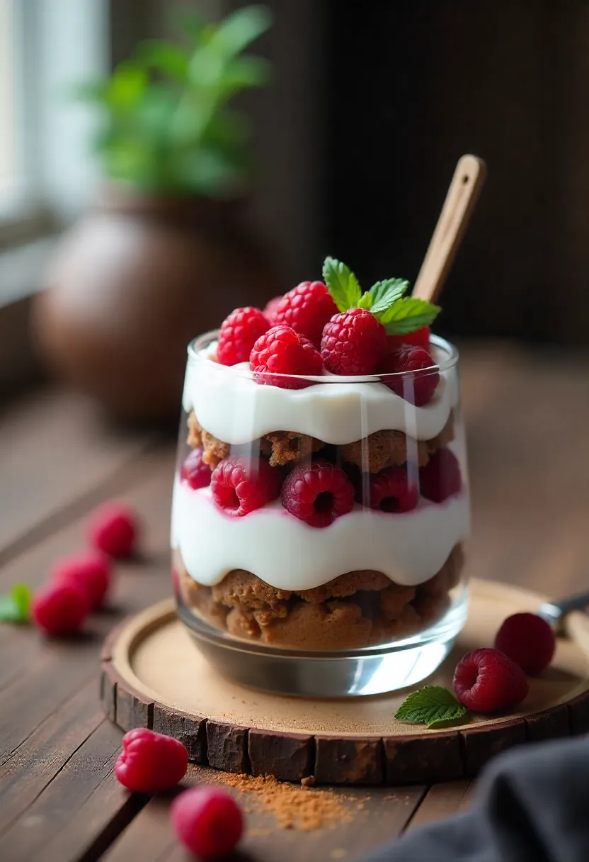 Latvian layered rye bread dessert Rupjmaizes kārtojums with rye crumbs, cream, and berries in a glass parfait, garnished with mint.