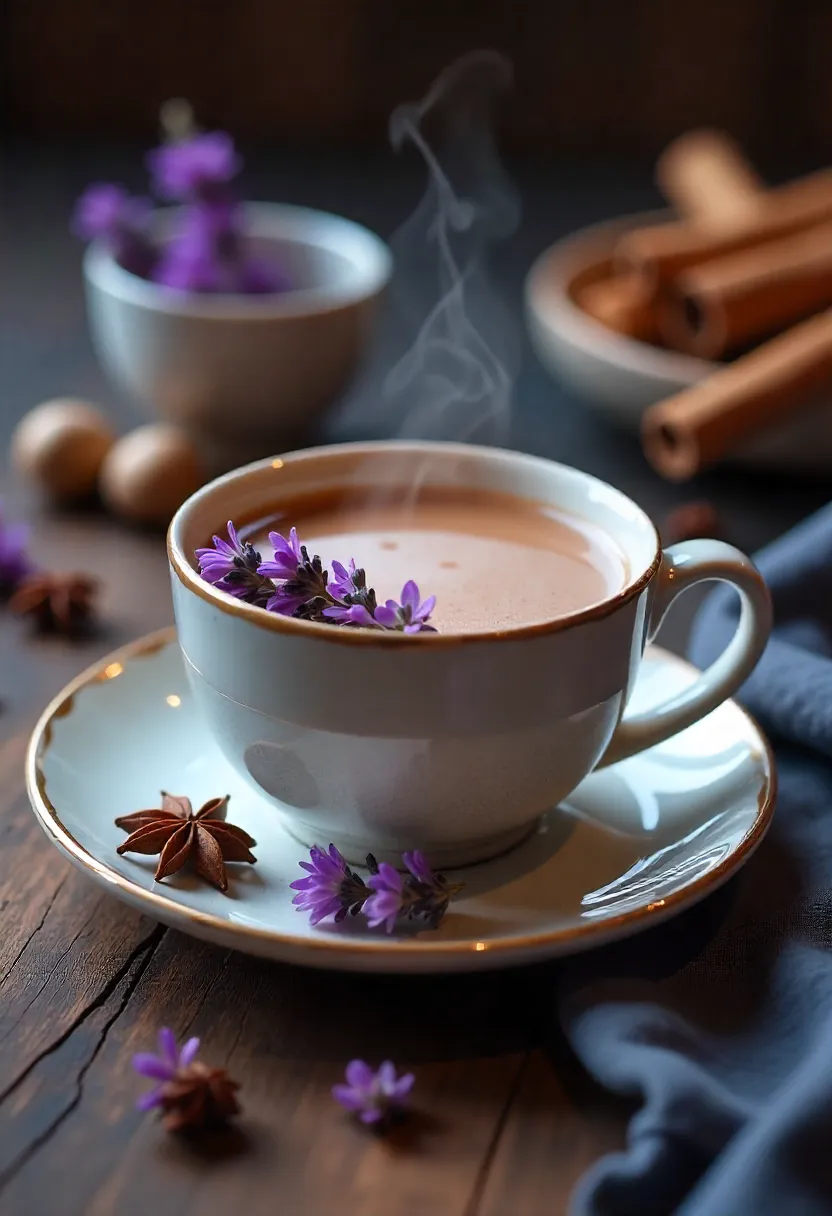 Lavender chai tea in a ceramic cup with lavender sprigs and spices, served on a wooden table as a soothing bedtime drink.