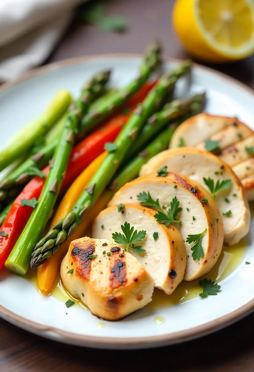 Grilled lemon herb chicken with vibrant spring vegetables like asparagus and bell peppers, garnished with fresh herbs and lemon slices.