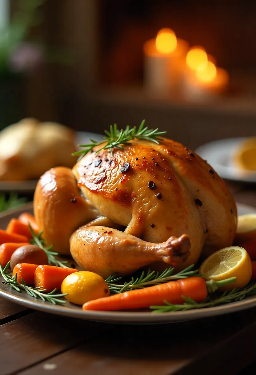 Golden lemon herb roast chicken with fresh rosemary, thyme, and roasted vegetables, a romantic Valentine’s dinner centerpiece.