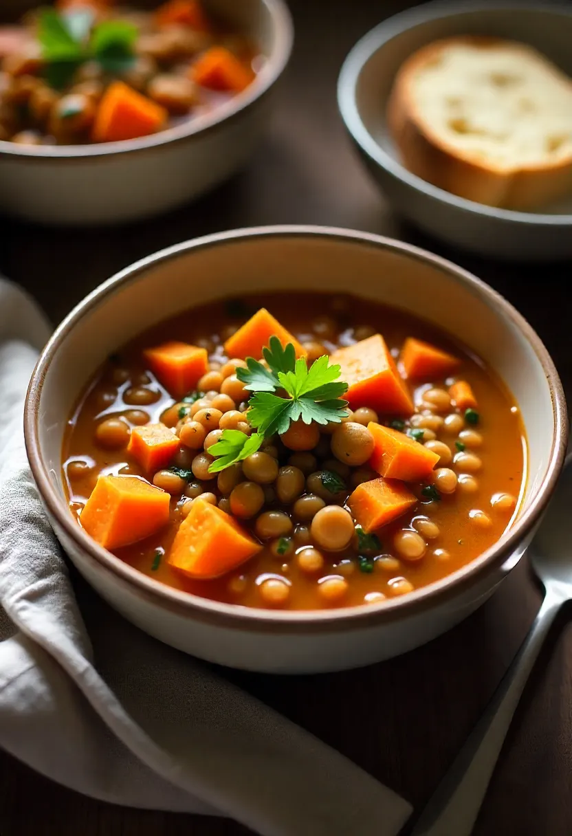 Bowl of lentil and sweet potato stew with parsley garnish, served with rustic bread on a wooden table.