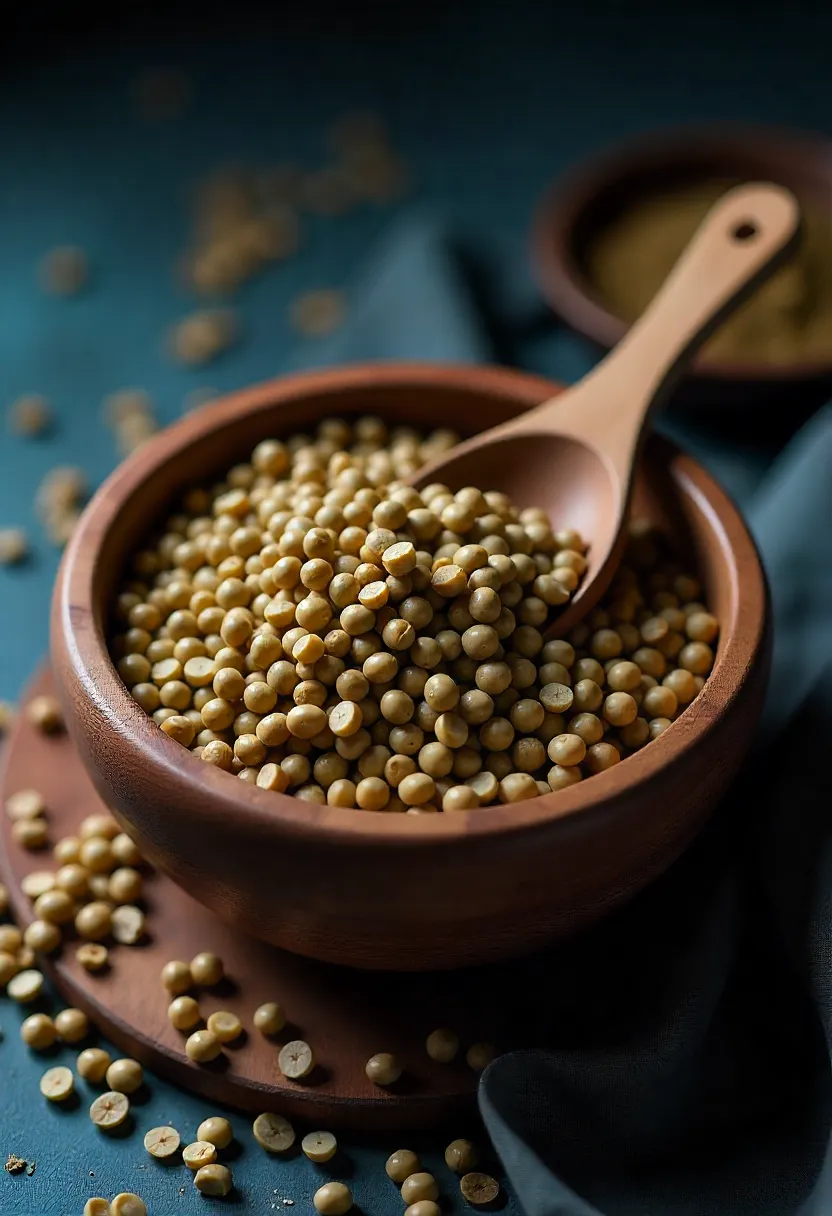 Bowl of dry lentils with a wooden spoon on a rustic kitchen table.