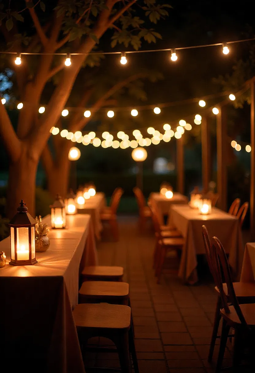 Party space glowing with fairy lights, lanterns, and candles, creating a warm and magical atmosphere.