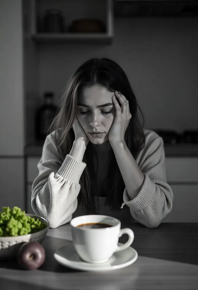 Exhausted woman with coffee and snacks ignoring healthy fruits and greens on the table, symbolizing poor nutrition choices.